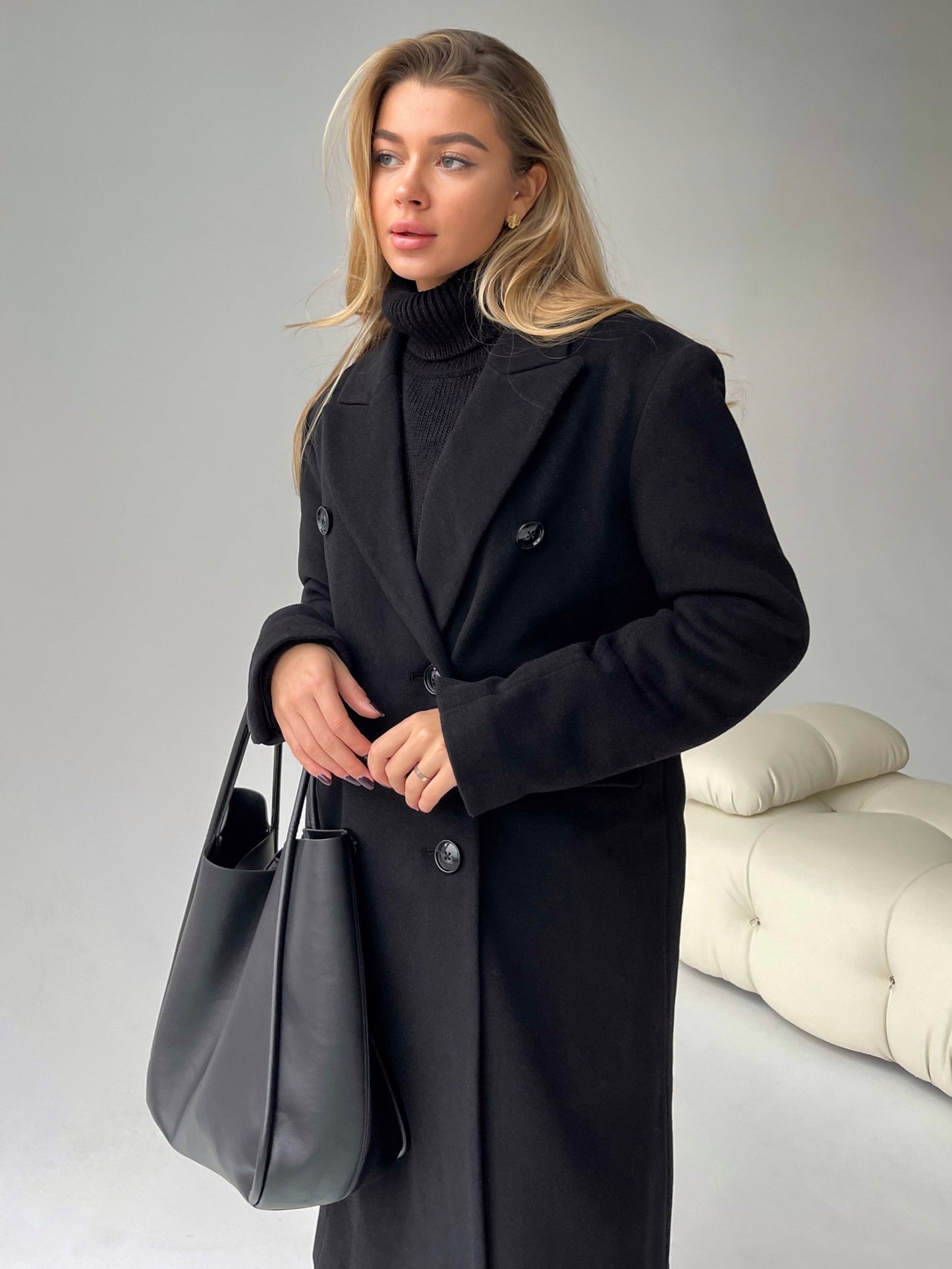 Long Coat with Masculine Shoulders, Black