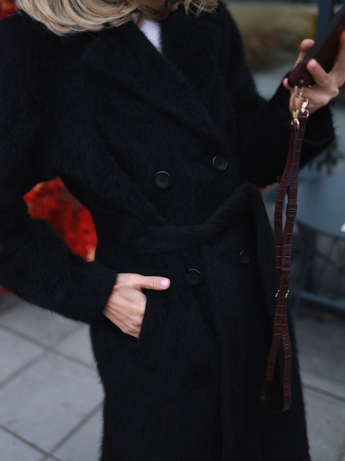 Long coat with belt, 100% wool, Black