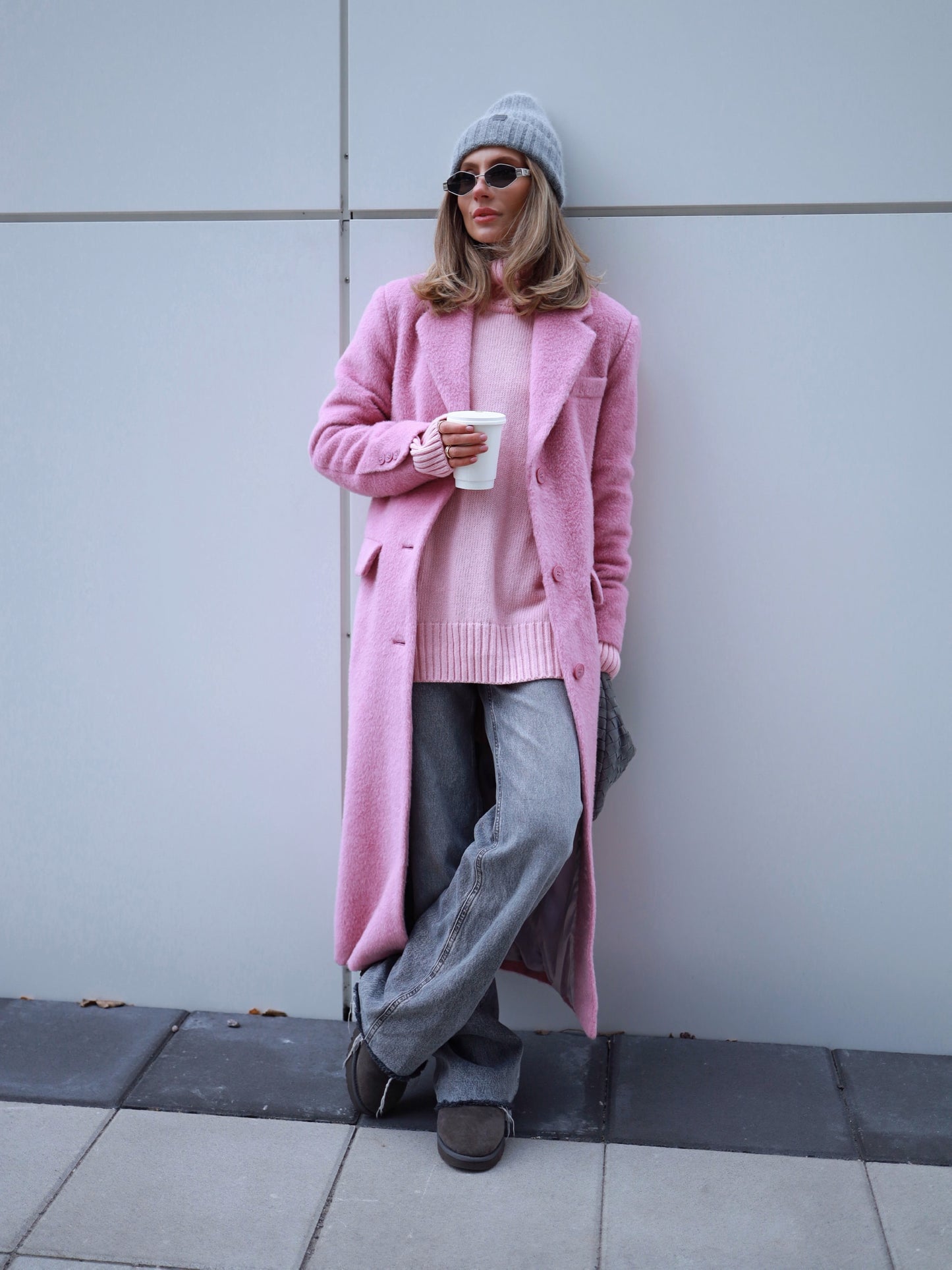 Wool Coat with Masculine Shoulders, Pink