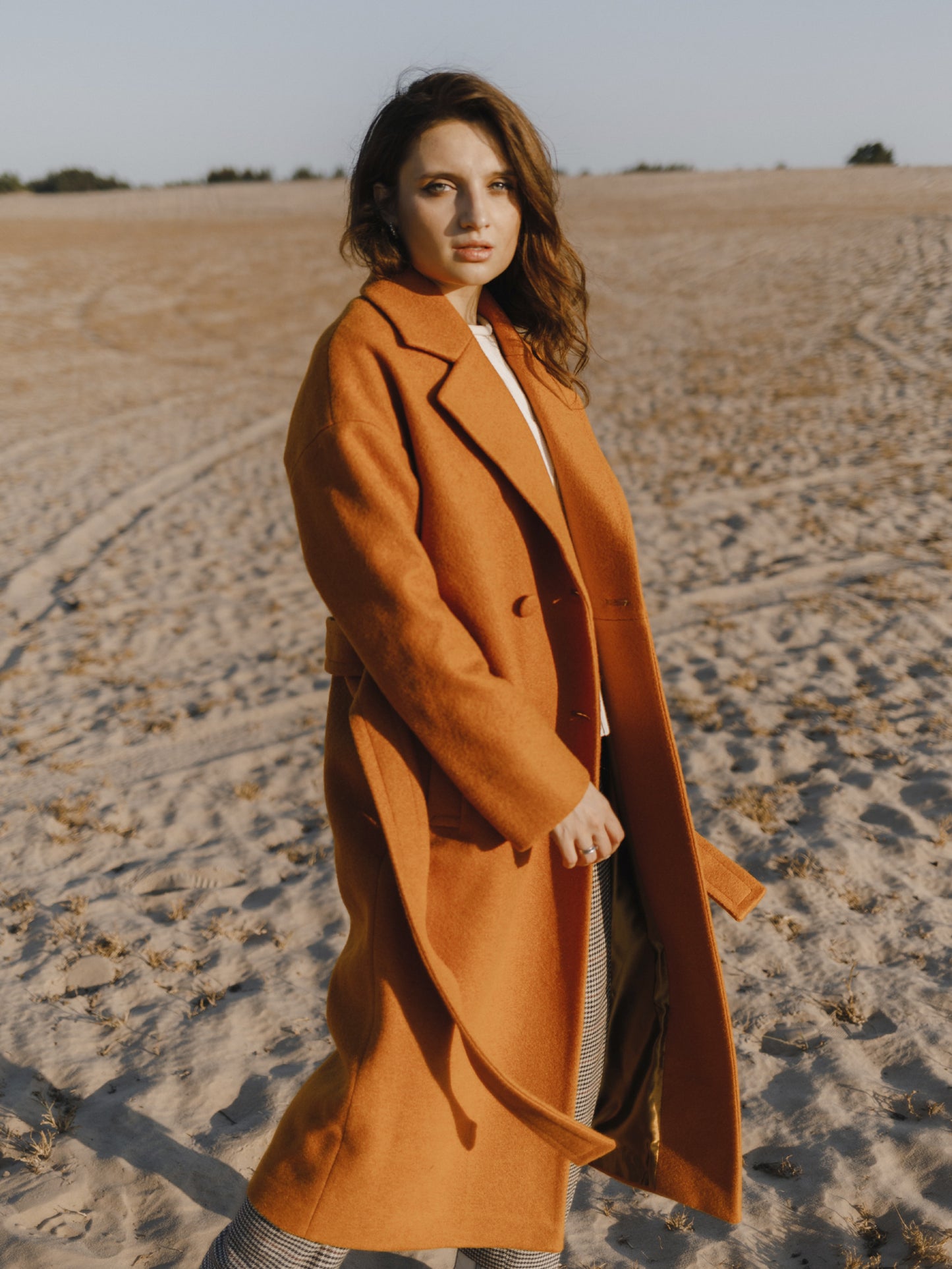 Wool Long coat with belt, Rusty Red