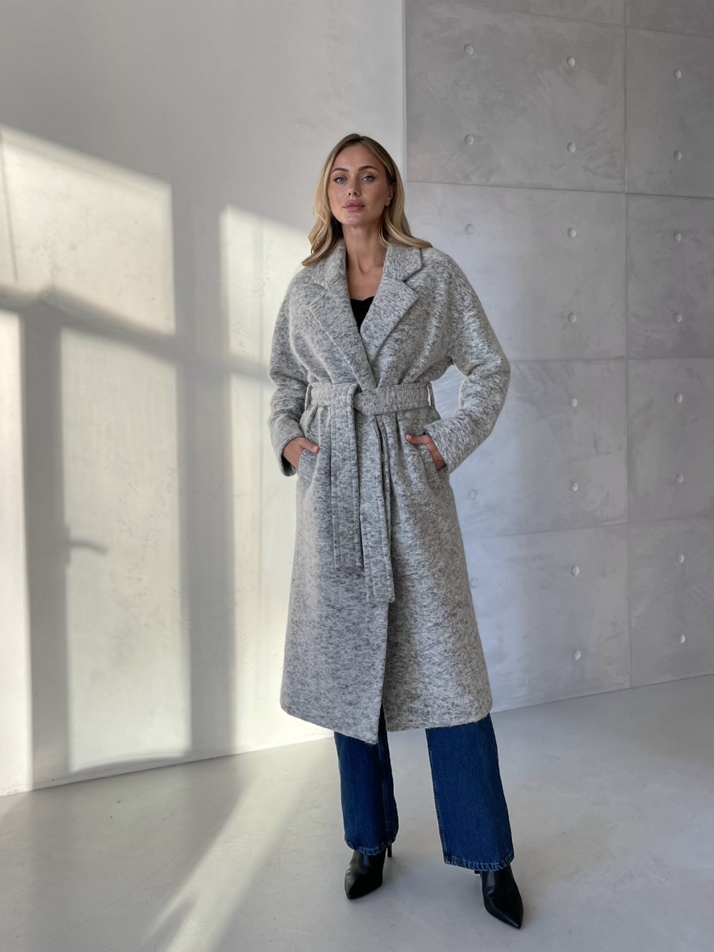 Wool Pile Long coat with belt, Grey