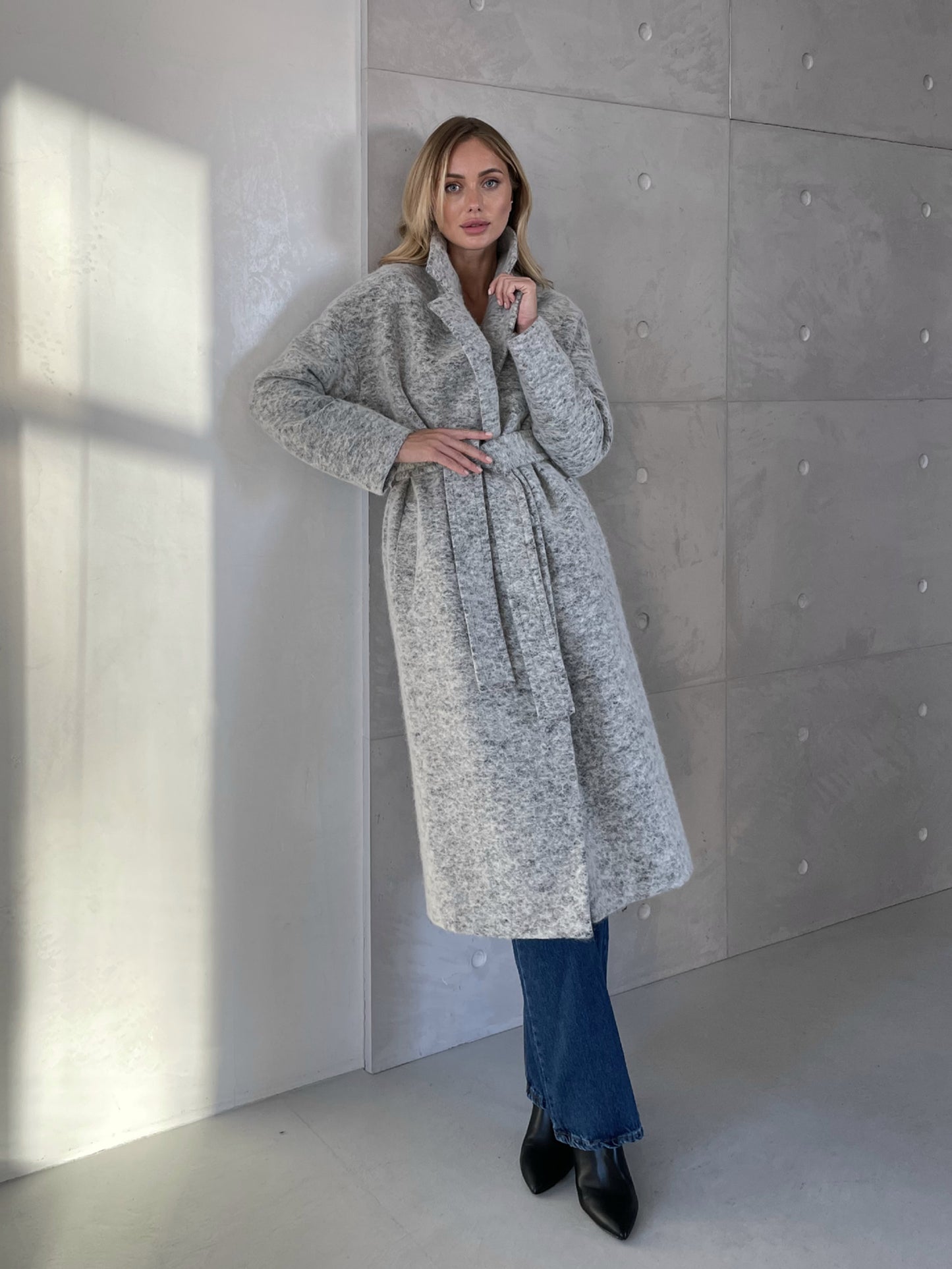 Wool Pile Long coat with belt, Grey