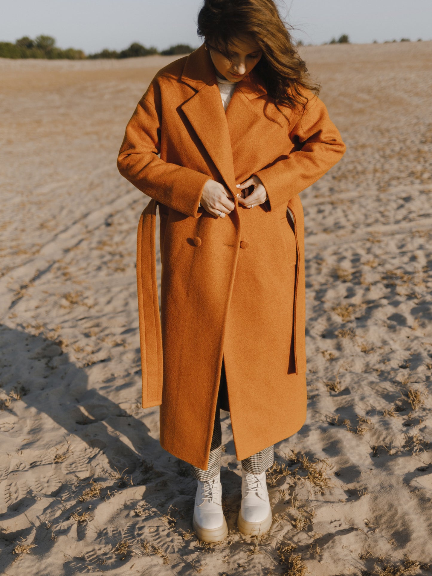 Wool Long coat with belt, Rusty Red