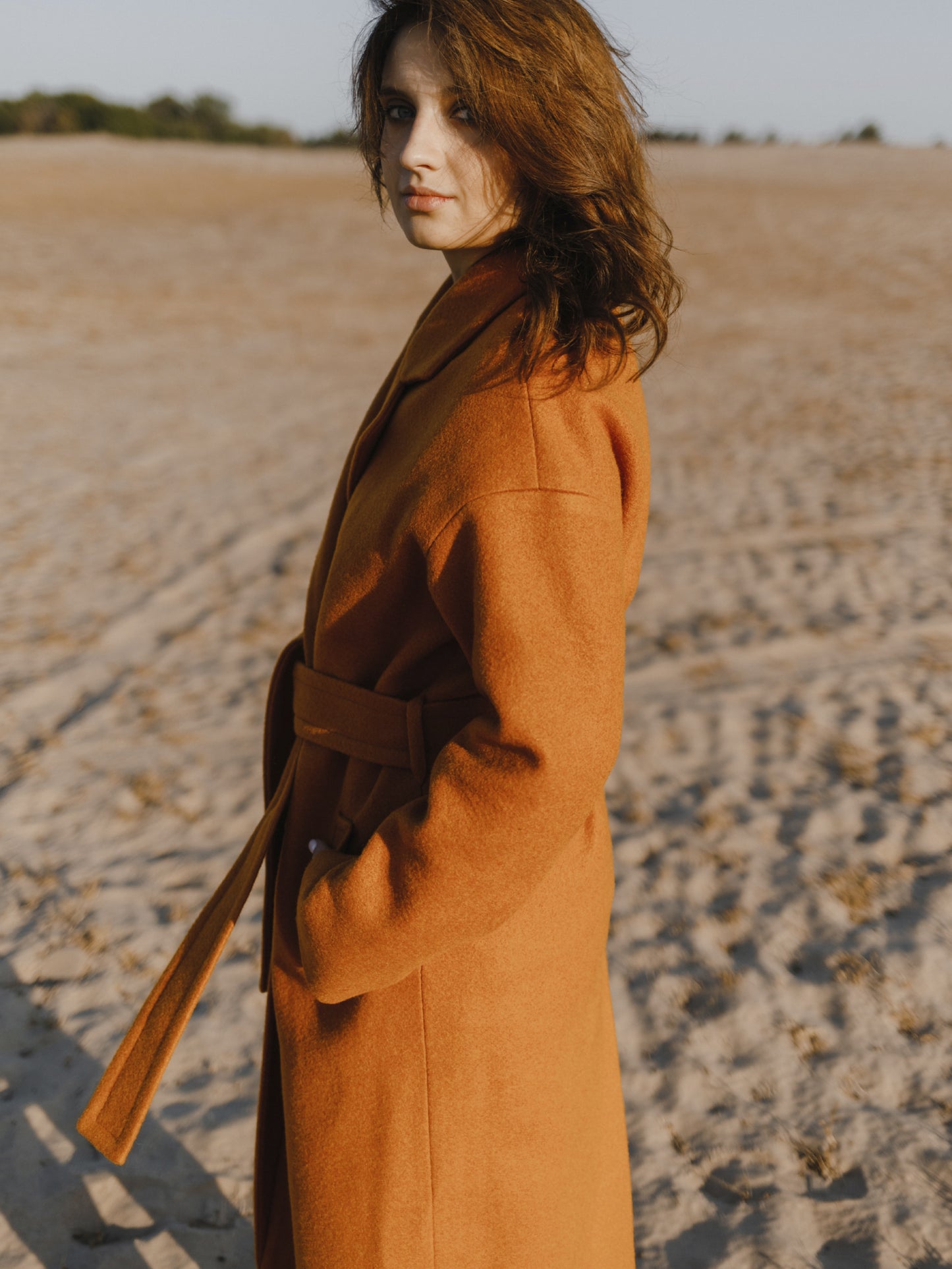 Wool Long coat with belt, Rusty Red