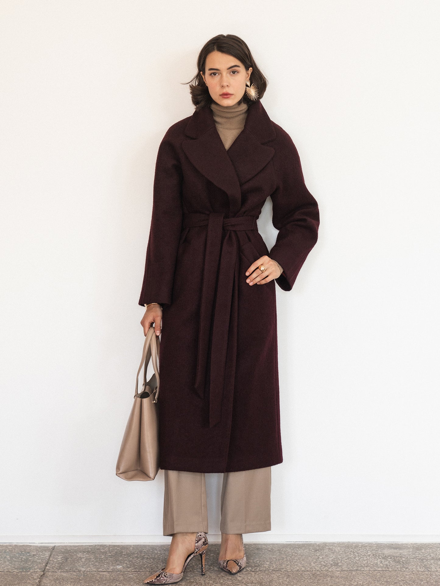 Double-breasted long coat with trim ribbon, Burgundy