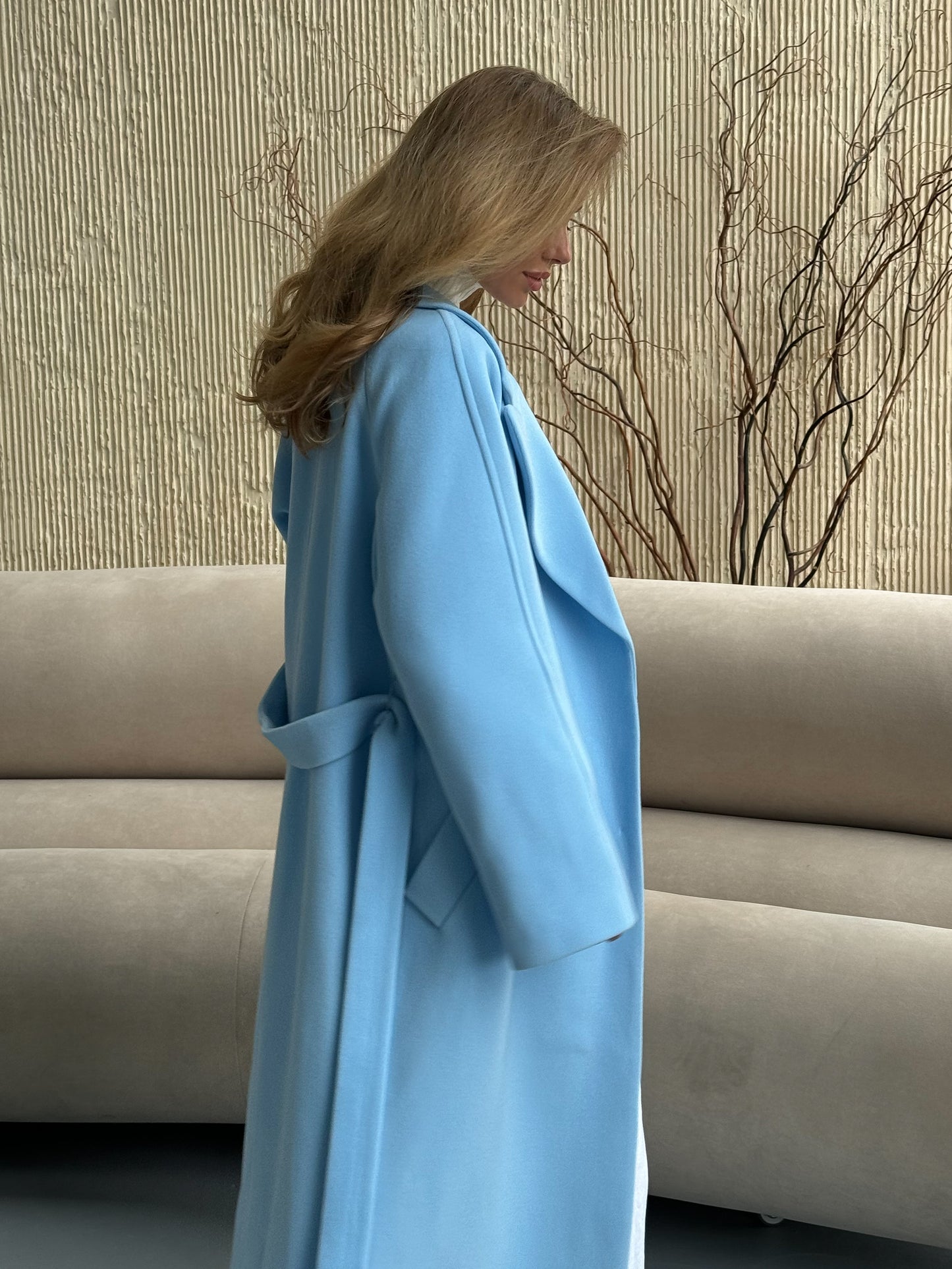 Double-breasted long coat with trim ribbon, blue