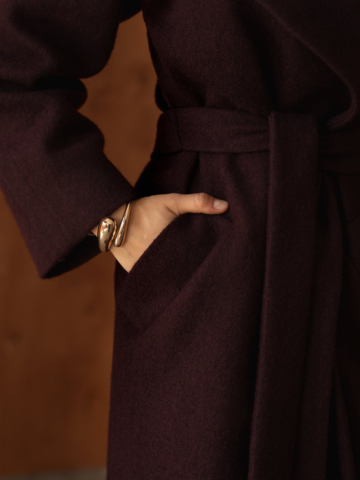 Double-breasted long coat with trim ribbon, Burgundy