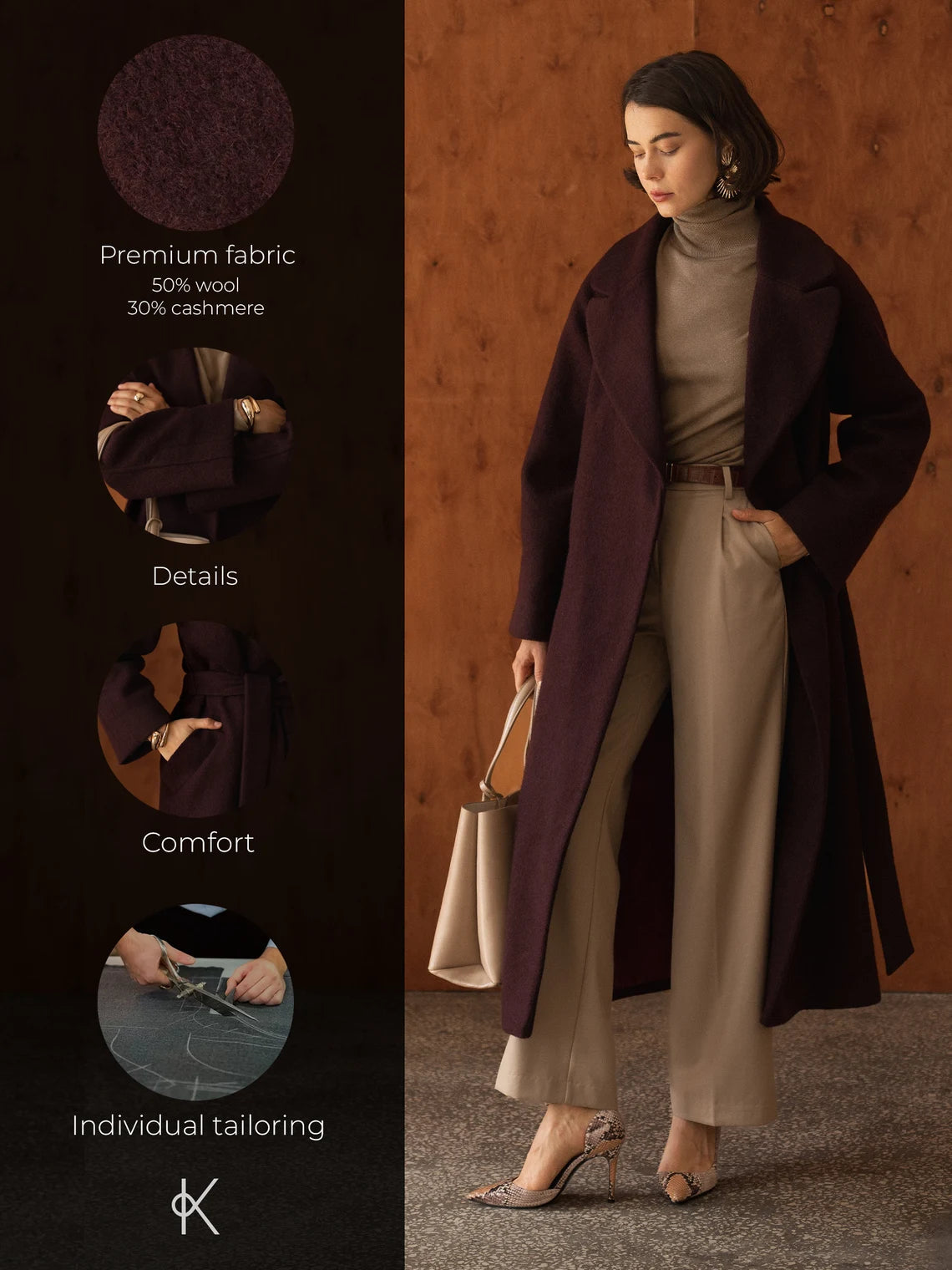 Double-breasted long coat with trim ribbon, Burgundy