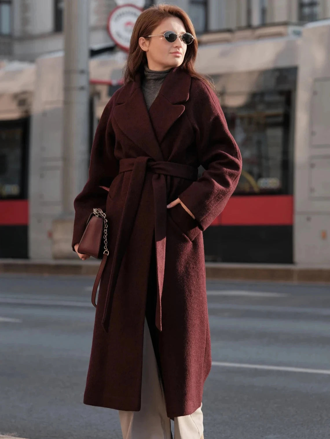 Double-breasted long coat with trim ribbon, Burgundy